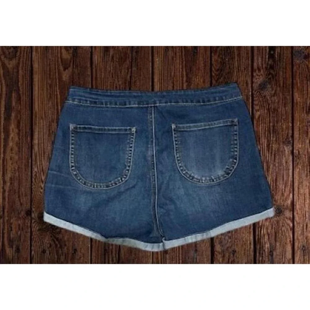 Womens XL Dark Wash Blue Cuffed Denim Jean Shorts Mid‎ Rise Stretch Country Farm